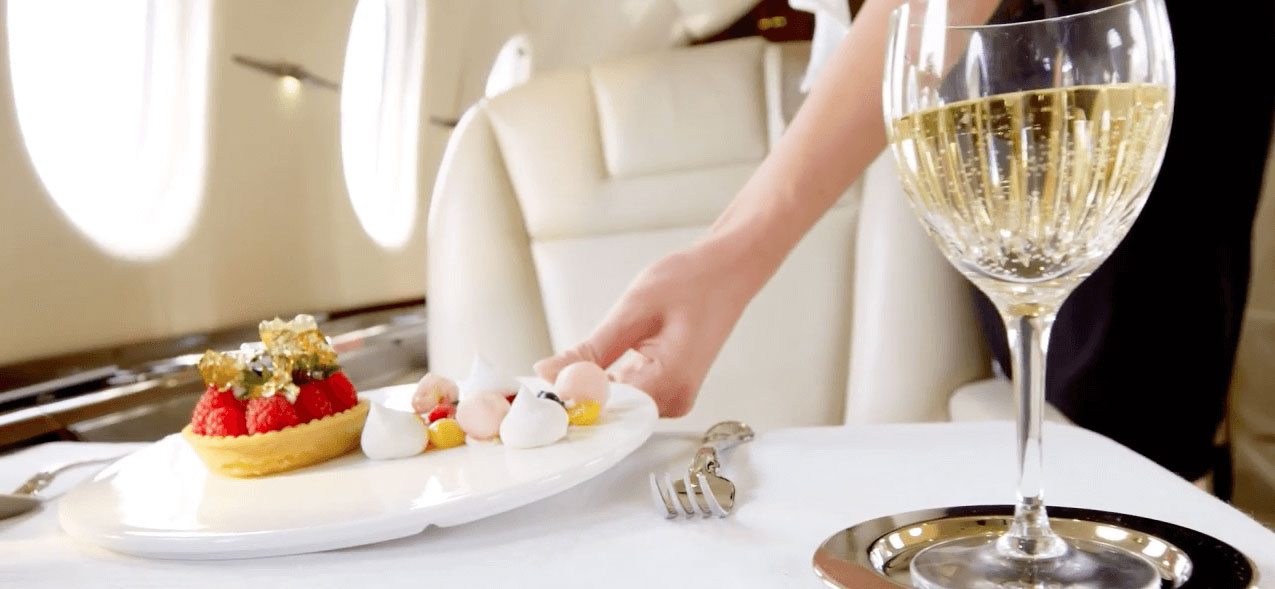 Refined in-flight dining service aboard a private jet