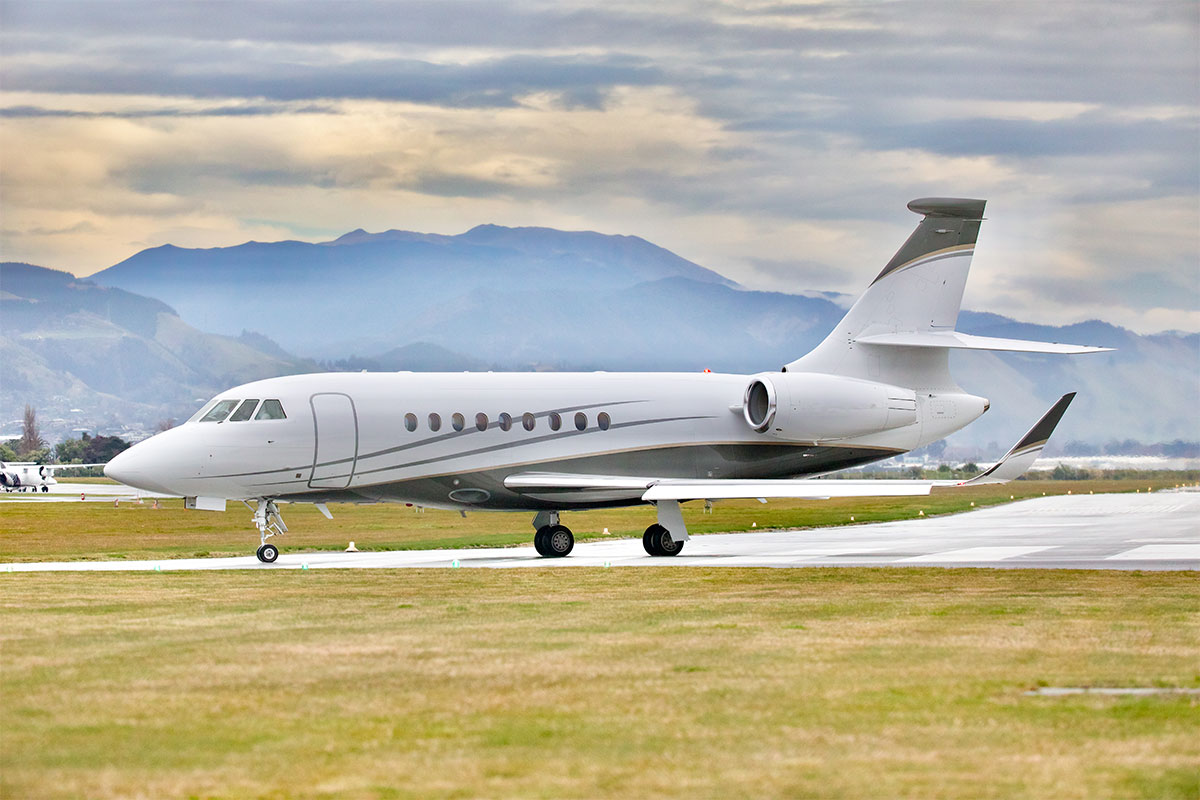 Dassault Falcon 2000LX wide-cabin jet taxiing at a regional airport